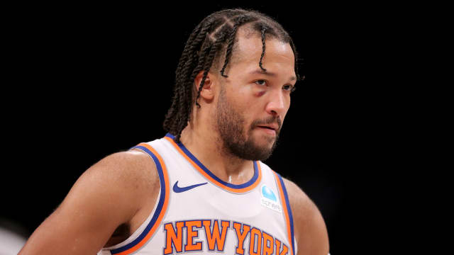 Dec 20, 2023; Brooklyn, New York, USA; New York Knicks guard Jalen Brunson (11) during the first quarter against the Brooklyn Nets at Barclays Center.